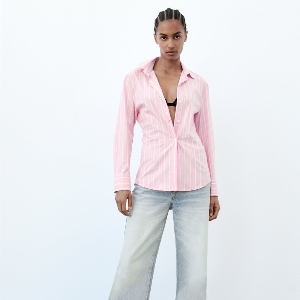 ZARA STRIPED FITTED STRIPED TAILORED POPLIN SHIRT PINK BRAND NEW WITH TAGS XS